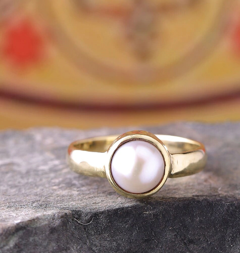 Men Gold-Toned & White Pearl Stone Studded Antique Finger Ring With Lab Test Certificate